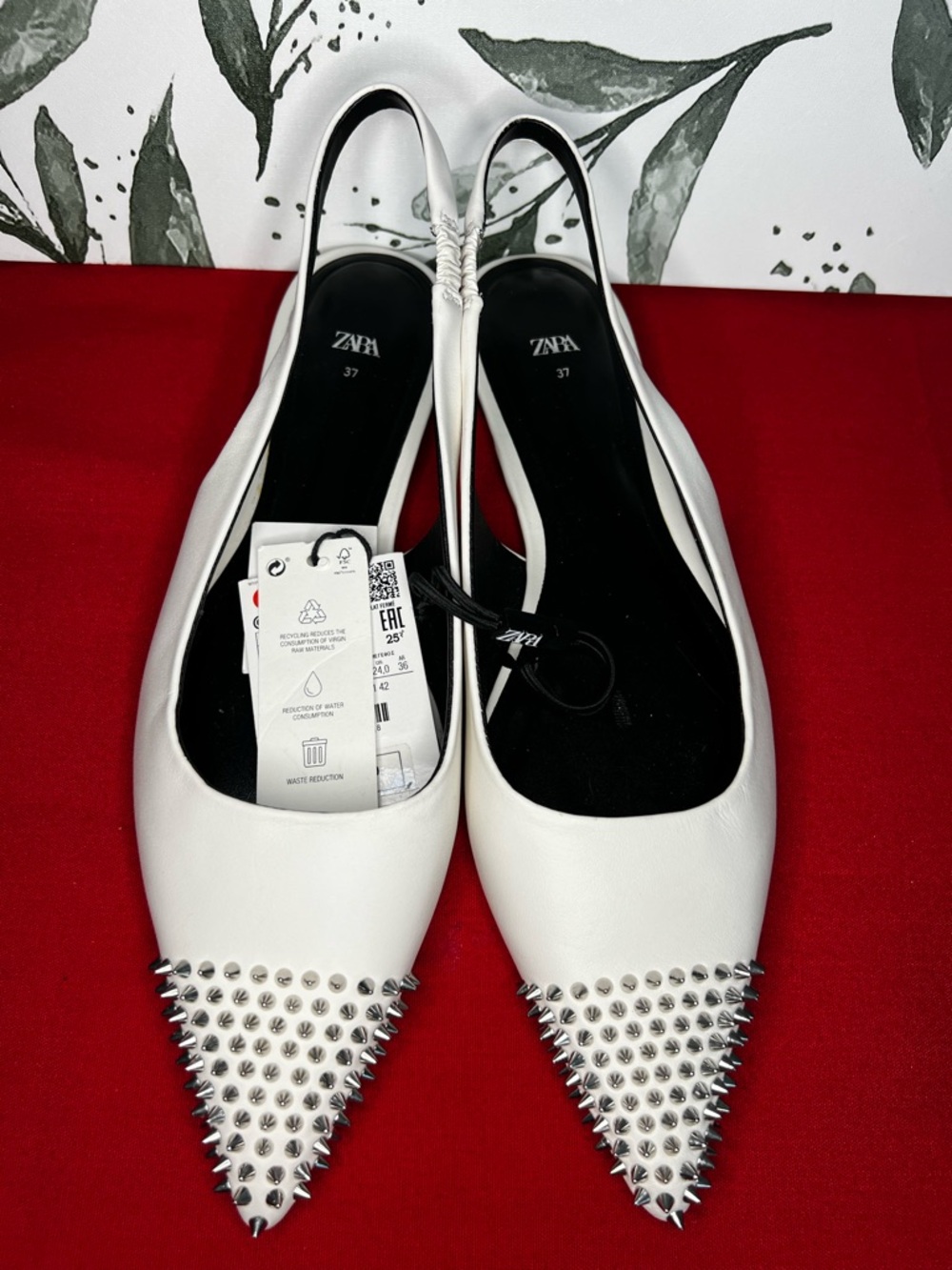 ZARA Women's Pointed Toe Studded Leather Slingback White Flats Sz 37 NWT
